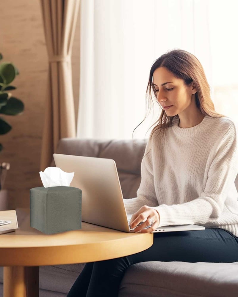JESMINI Tissue Box Cover Tissue Holder - Square Leather Tissue Cover Box with Bottom Belt [JESMINI  Dark Grey] Decorative Tissue Box Holder for Bathroom/Night Stands/Office - Image 2